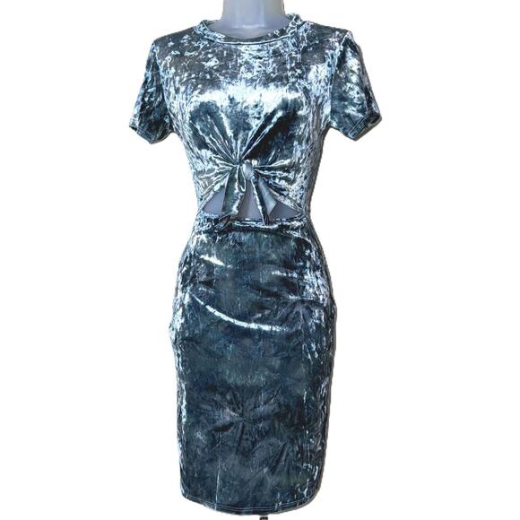 Blue Velvet Short Sleeve Mini Bodycon Dress Front Tie Cutout Stretchy Size Small - Picture 2 of 5